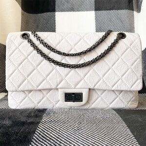 CHANEL White 2.55 Reissue 227 Double Flap Bag Aged Calfskin Ruthenium Hardware